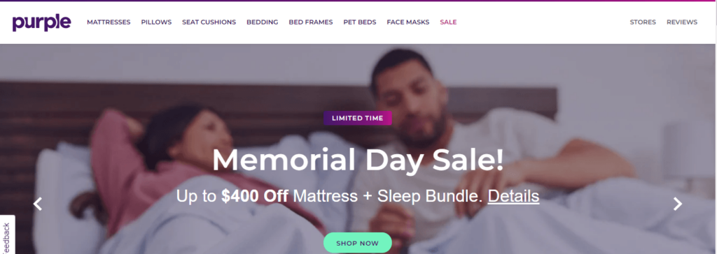 Promotional banner for Purple's Memorial Day Sale showing a couple on a bed with a 'Limited Time' offer of up to $400 off on Mattress and Sleep Bundle.