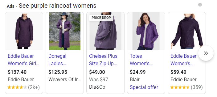 purple raincoat google shopping ad