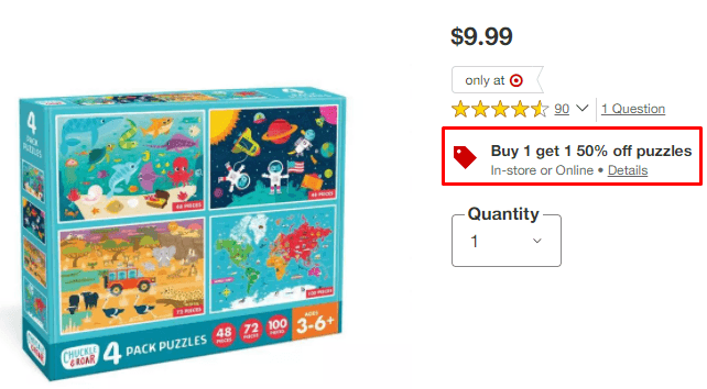 Example of upselling. Checkout page on Target.com indicating a coupon for "buy 1 get 1 50% off puzzles."