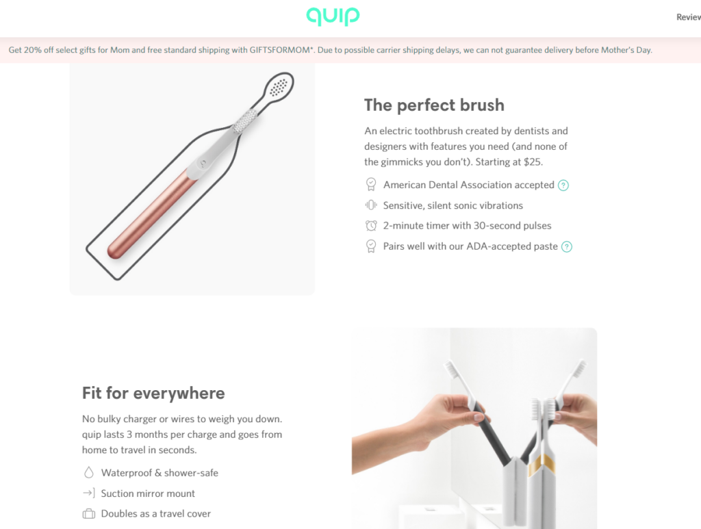 An electric toothbrush in rose gold on the left and a person's hands holding a black and a white electric toothbrush in front of a mirror on the right, with descriptive text about the toothbrush's features.