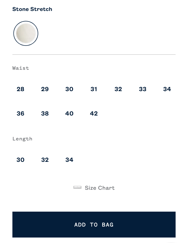 Pants product page with different waist sizes and lengths