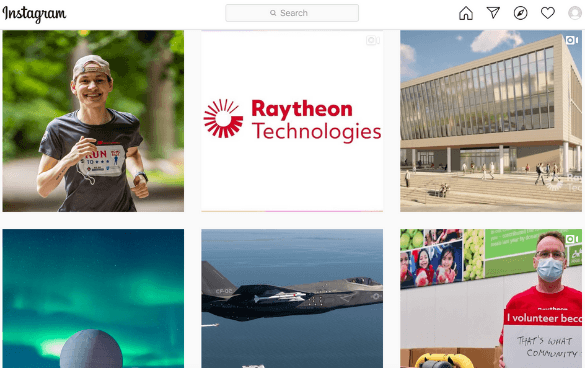 A collage of six images including a runner, Raytheon Technologies logo, a modern building, Northern Lights with a silhouette, a person in a volunteer shirt, and a military jet in flight.