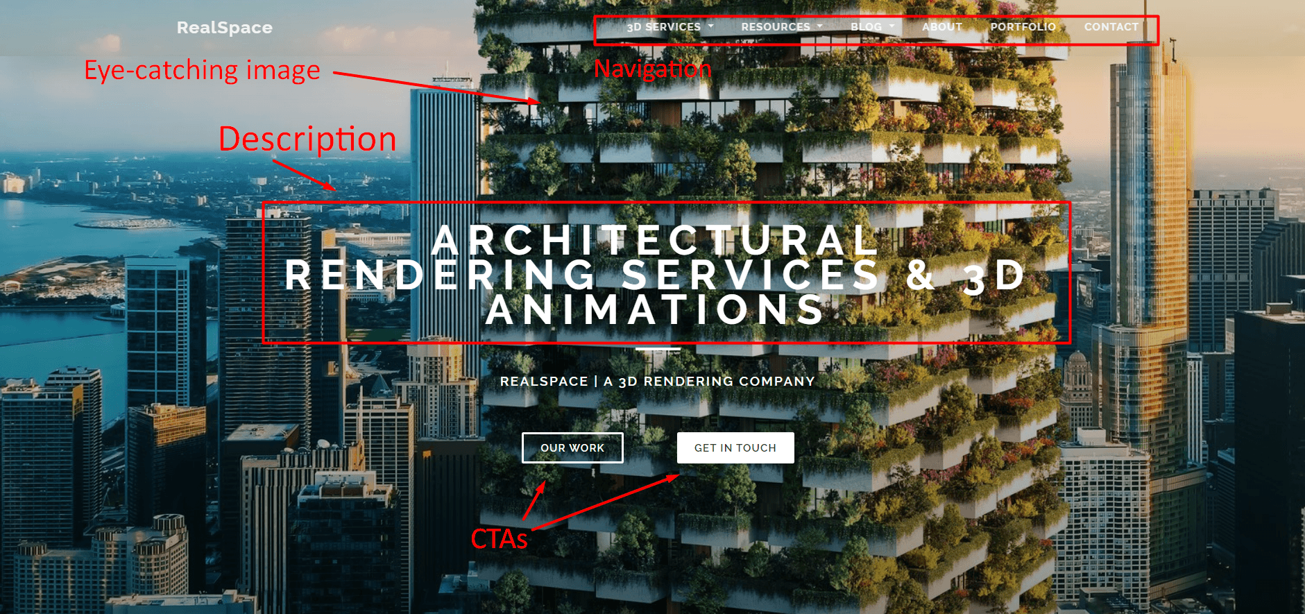 RealSpace homepage with green building photo, architectural rendering headline, navigation, and CTA buttons