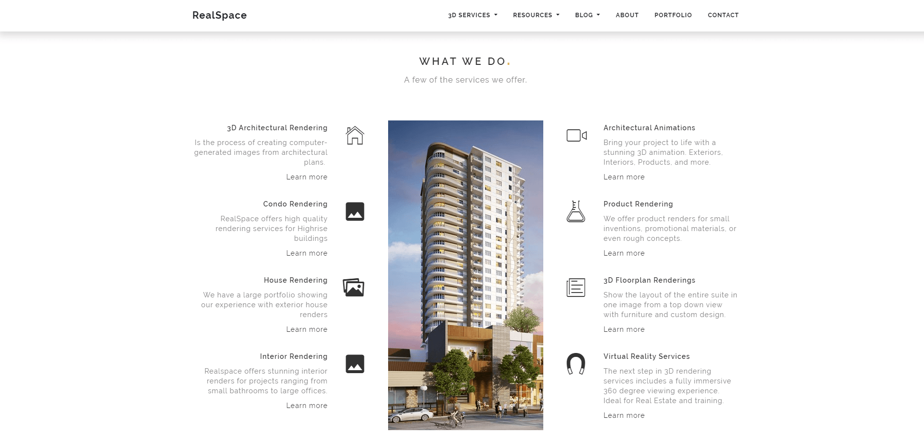 RealSpace services page with modern tower rendering centered between service descriptions and icons for various 3D offerings