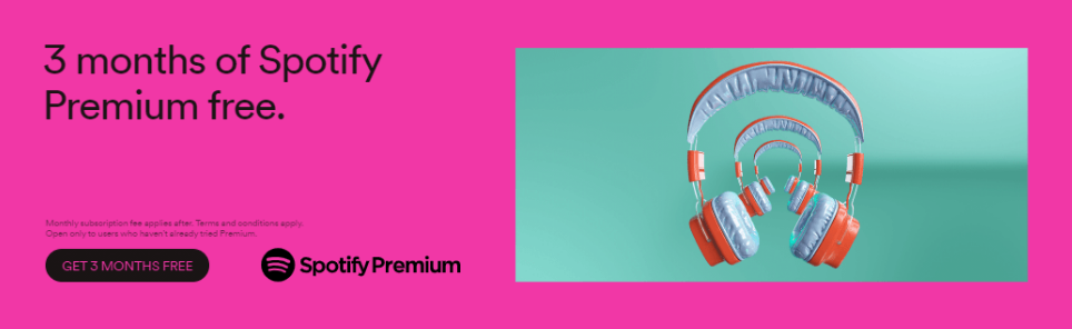 Promotional advertisement for Spotify Premium offering 3 months free, with terms and conditions, and a colorful candy-themed pair of headphones on a bright teal background.