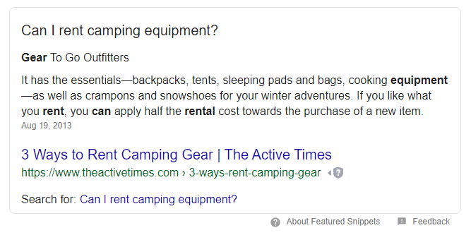 rent camping gear featured snippet