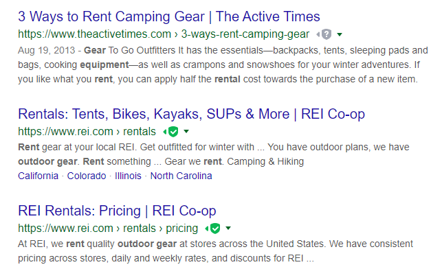 rent camping gear organic results