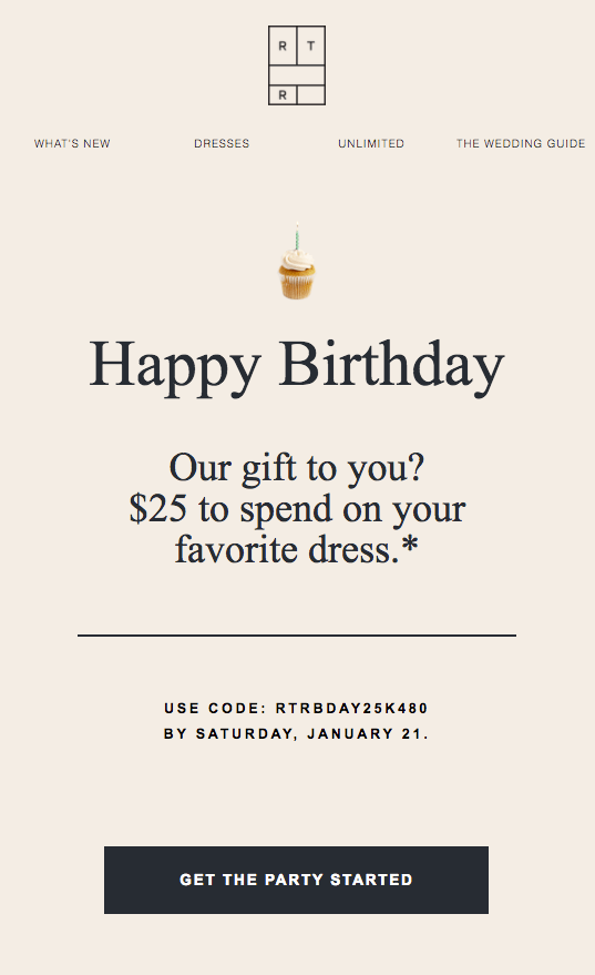 birthday email from Rent the Runway with a $25 discount code