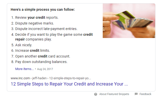 repair credit featured snippet