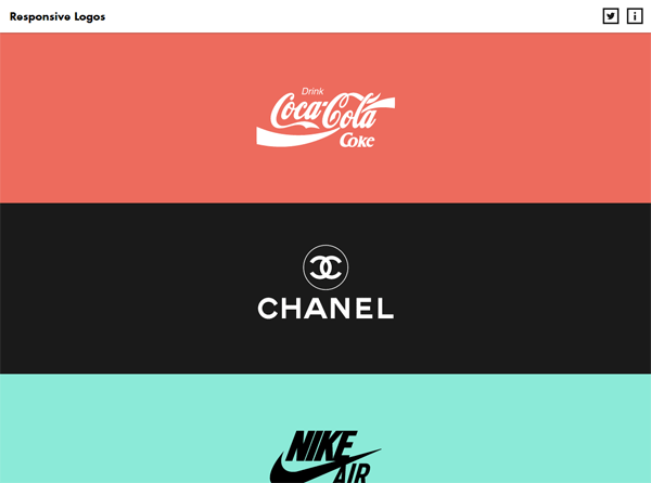 Three simplified logos for Coca-Cola, Chanel, and Nike Air on red, black, and teal backgrounds respectively, under the title 'Responsive Logos'.