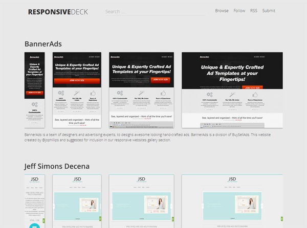 Screenshot of the RESPONSIVEDECK webpage showcasing sections for BannerAds and Jeff Simons Decena with examples of web design thumbnails.