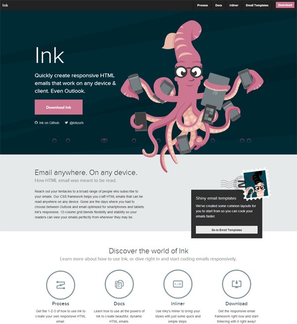 Webpage layout for 'Ink' featuring a stylized octopus holding various items, with text promoting the creation of responsive HTML emails compatible with multiple devices, including Outlook. The page includes links for downloading the product, documentation, and email templates.