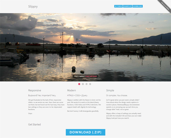 Screenshot of the Slippy webpage featuring a slideshow with a sunset over a marina, and descriptive text about the product's responsive design, modern technology, and simplicity, with download and example buttons.