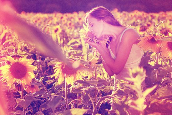 A woman in a sleeveless top gently smelling a sunflower in a sunlit field of sunflowers.