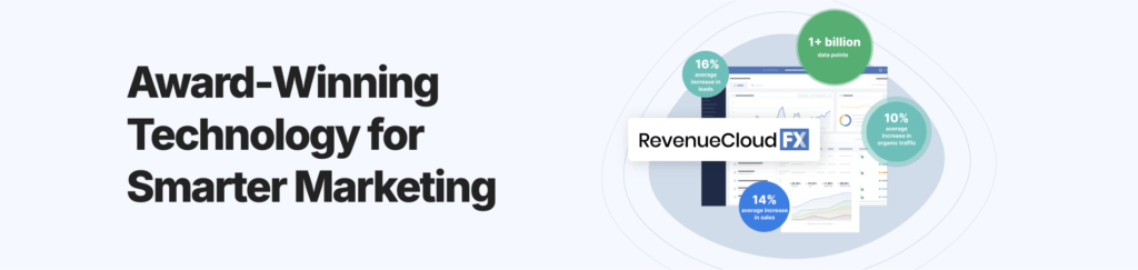 Blurred background of a geometric structure with a banner for RevenueCloudFX, featuring text about industry-leading technology and buttons for pricing and login.