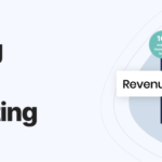 Blurred background of a geometric structure with a banner for RevenueCloudFX, featuring text about industry-leading technology and buttons for pricing and login.