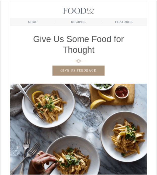 An example email that asks for feedback for their food business