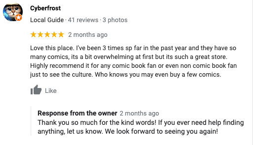 Owner responding to a positive review on Google