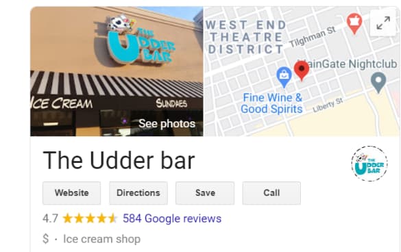 Screenshot of The Udder Bar's Google search result showing a 4.7-star rating, 584 reviews, and a map location near West End Theatre District. The storefront has a sign with a cartoon cow and mentions ice cream and sundaes.