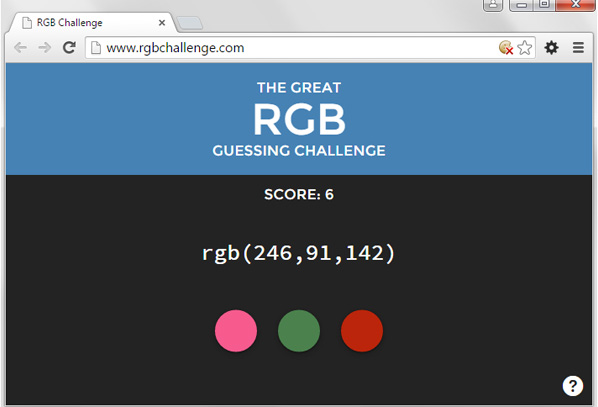 Screenshot of 'THE GREAT RGB GUESSING CHALLENGE' game with a score of 6, displaying an RGB color value of (246, 91, 142) and three colored circles in pink, green, and red as answer options.