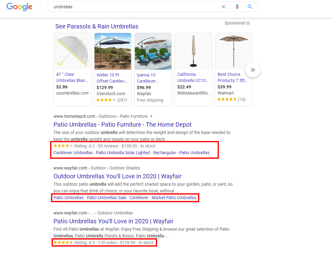 Google search results for umbrellas featuring rich snippets