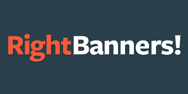 The words 'Right Banners!' in bold sans-serif font, with 'Right' in white and 'Banners!' in bright orange, on a dark grey background.