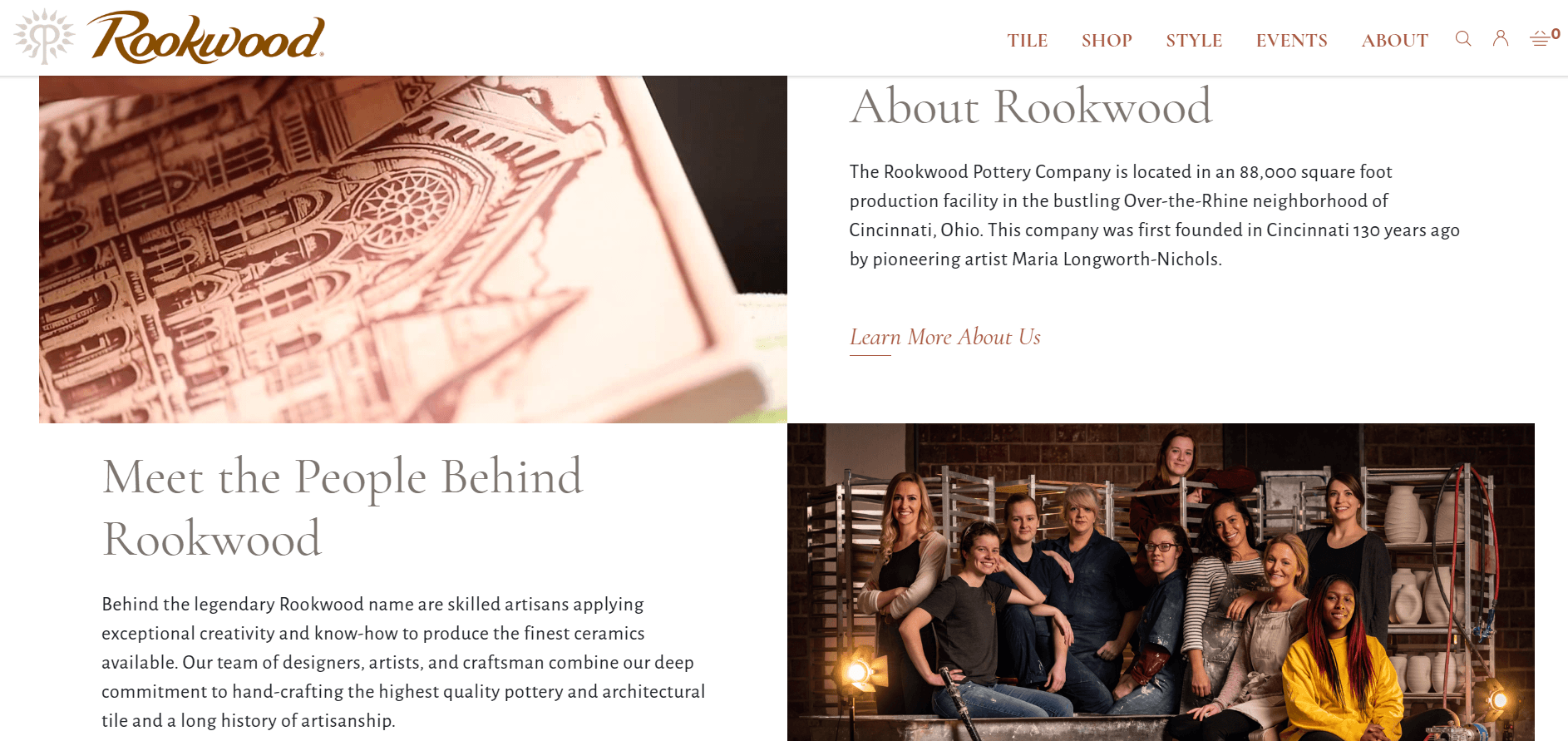 Rookwood about page with pottery detail photo, company history, team photo in studio, and artisan description