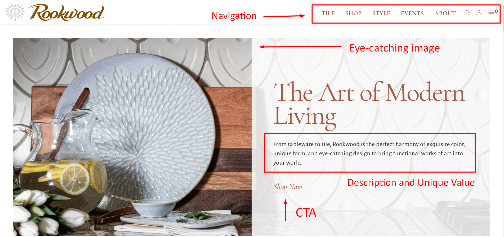 Rookwood homepage with decorative plate photo, navigation menu, Art of Modern Living headline, and Shop Now button