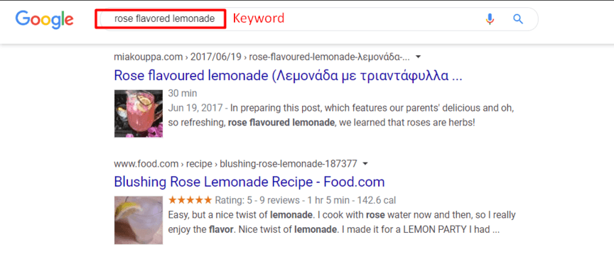 Screenshot of a Google search results page for 'rose flavored lemonade' with highlighted search keyword and two search results visible, one from miakouppa.com with a small image of a pink drink, and another from food.com with a star rating and a brief description.