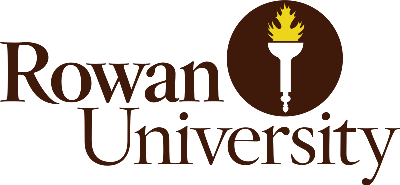 Rowan University logo with a stylized font and a torch in a brown circle with a flame above the text.