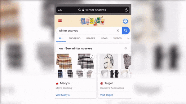 Google shopping ads for "scarves"