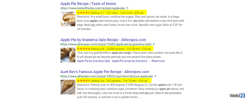 An example of schema markup for apple pie search results