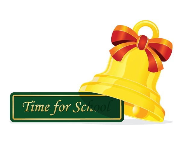 A shiny golden bell with a red and orange ribbon and a green sign that reads 'Time for School'.