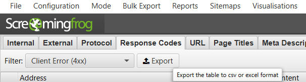 A screenshot of how to export 404s from Screaming Frog