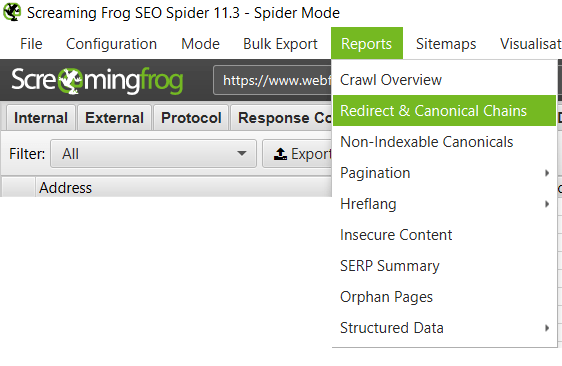 Screaming Frog redirect chain report