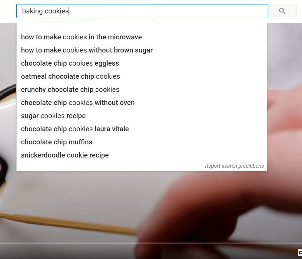 YouTube search predictions for "baking cookies"