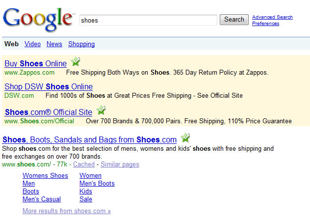 Screenshot of Google search results for 'shoes' showing ads for Zappos, DSW, and Shoes.com with various offers and a list of shoe categories from Shoes.com.