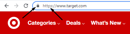 Target's website showing site security features like a padlock and https in the address