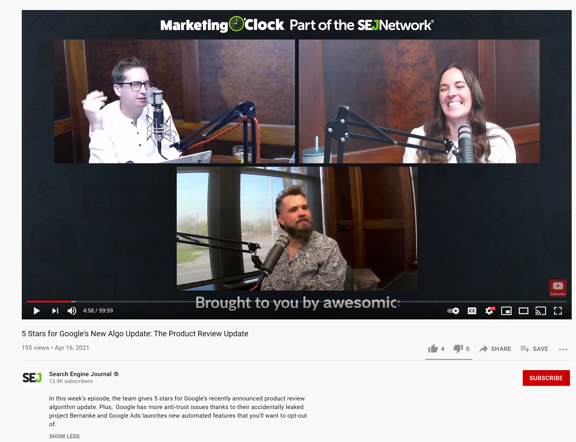 Search Engine Journal's Marketing O'Clock podcast uploaded to YouTube