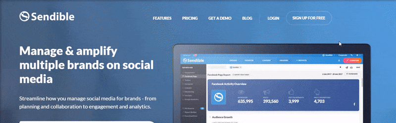 The homepage of the social media scheduler, "Sendible"