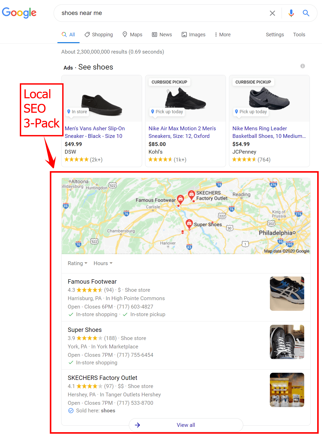 Local SEO 3-pack results for a Google search of "shoes near me"