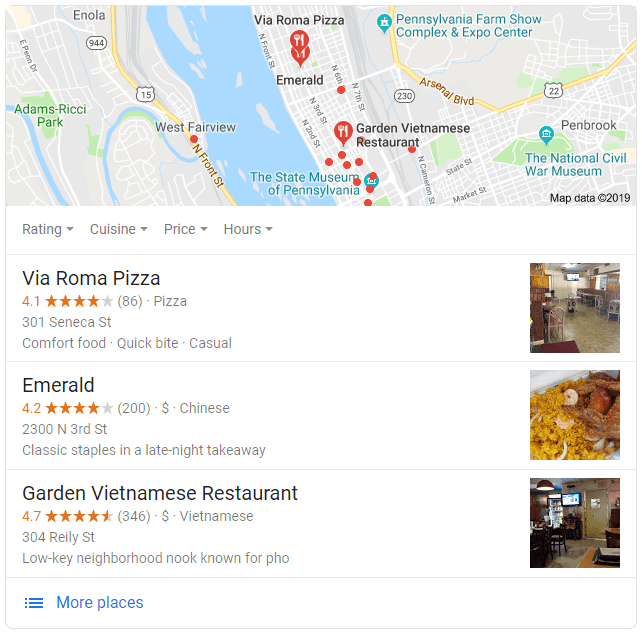 an example of an SEO 3-pack for local restaurants