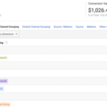 Screenshot of a web analytics dashboard showing a table of MCF Channel Grouping with traffic sources and columns for Conversions and Conversion Value totaling 2,558 and $1,026.40 respectively.
