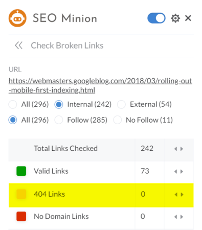 Broken links in SEO Minion