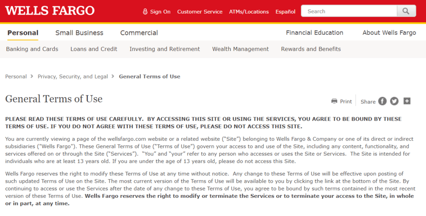 An example of a terms of service page, an SEO ranking factor