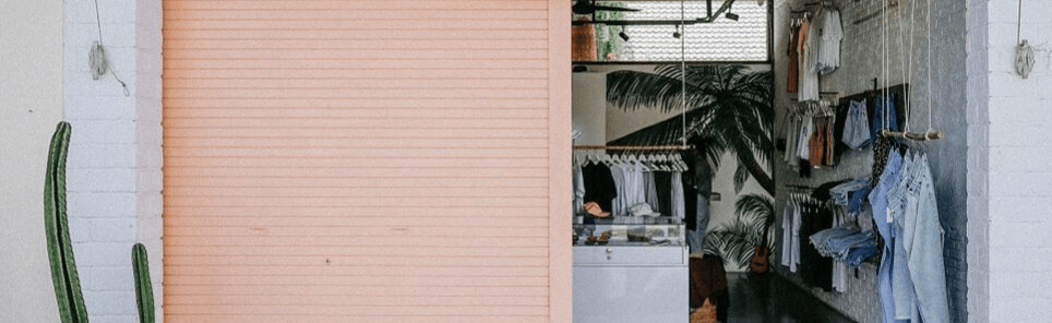 A cactus beside a pink roller shutter on the left, with an open boutique displaying clothes and plants on the right.