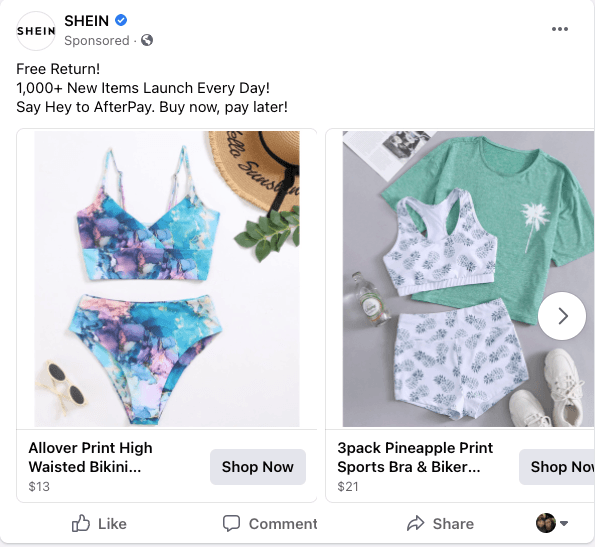 Carousel ad on Facebook from Shein that features bathing suits