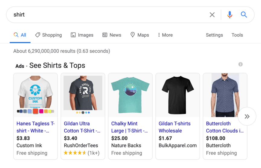 Screenshot of Google Shopping search results for 'shirt' showing a selection of shirts in various styles and colors with prices and vendor names, labeled as ads.