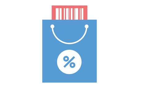 Stylized blue shopping bag with a discount percentage symbol and red stripes at the top.