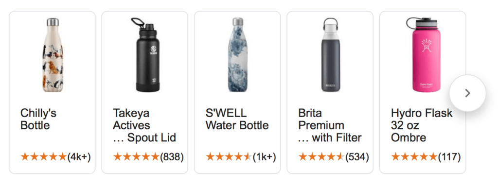 A selection of five water bottles with customer ratings: Chilly's Bottle with dog pattern (4k+), Takeya Actives with spout lid (838), S'WELL with blue and white marble design (1k+), Brita Premium with filter (534), and Hydro Flask 32 oz Ombre in pink (117).